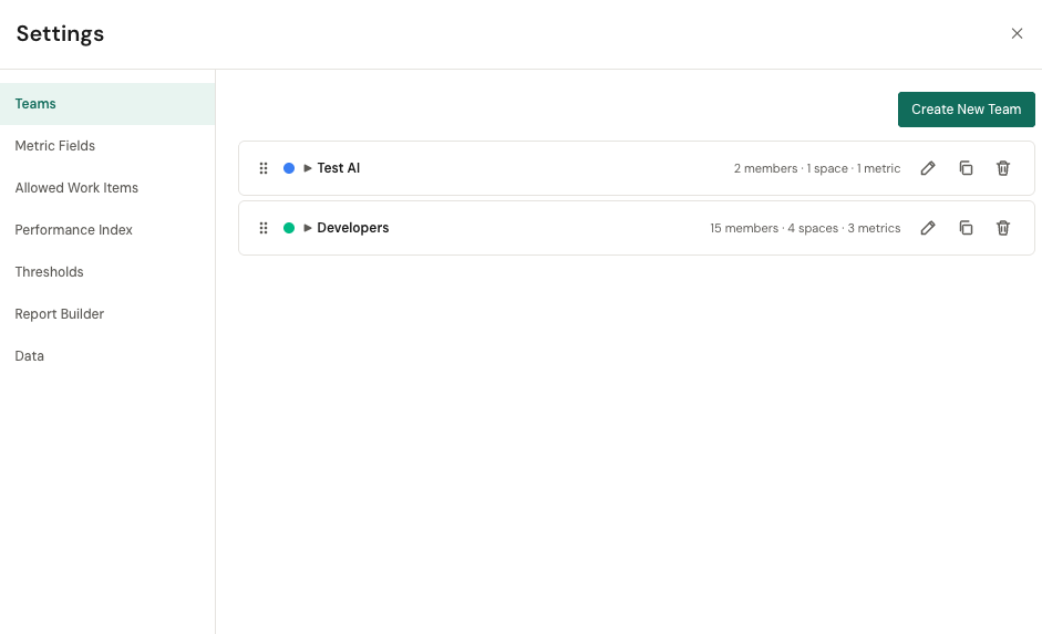 Settings Teams section with a list of saved team snapshots and the inline editor for members, spaces, and metrics
